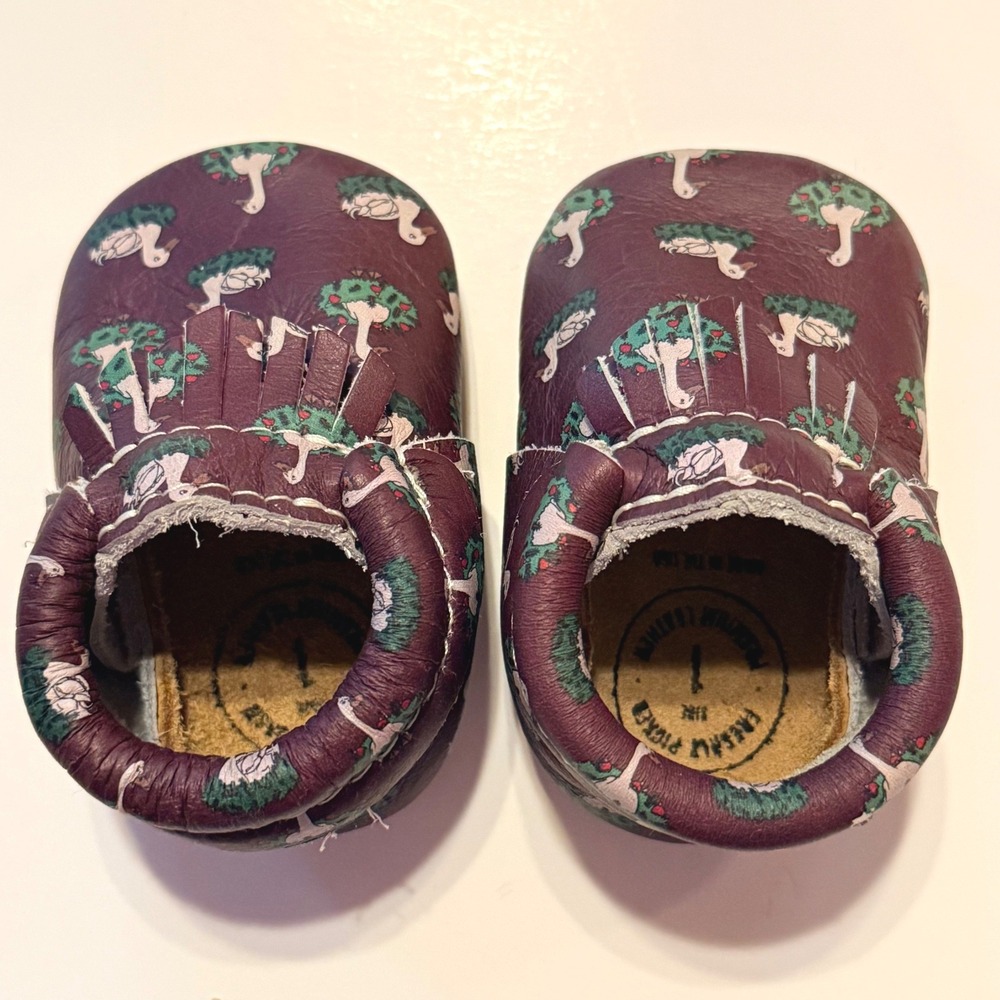 Freshly Picked Leather Goose Print Baby Moccasins 1 Burgundy‎ Whimsical Heirloom